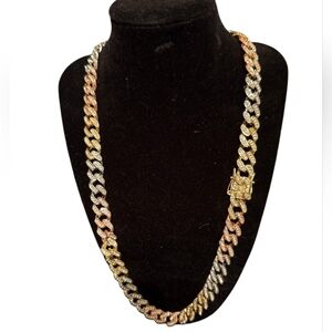 Iced out tri colored cuban link chain cz diamond chain necklace 24' 10mm